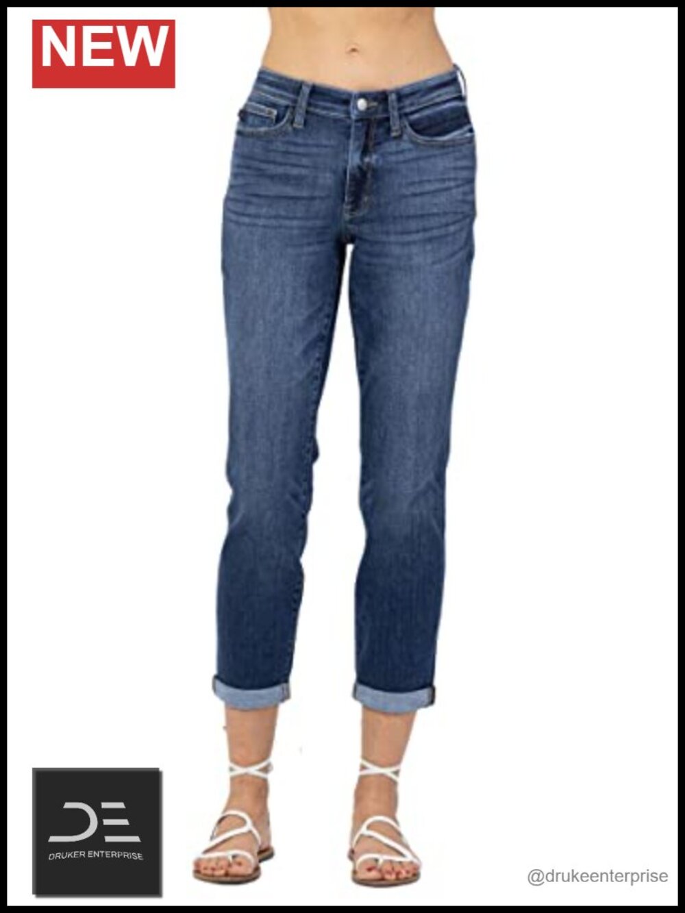Mid-Rise Cuffed Boyfriend Jeans Stretchy Denim 5 Pocket